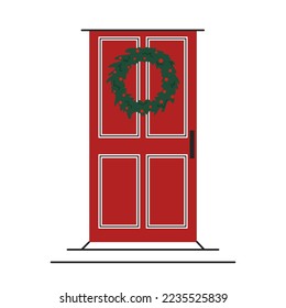 Dekorierte Vordertür-Vektorgrafik. Weihnachtskranz an der Tür.