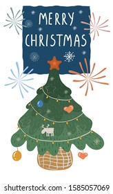Decorated with a garland, balls, toys Christmas green spruce. Christmas tree flat vector illustration. Winter holidays design element. Traditional Xmas celebration symbol. 