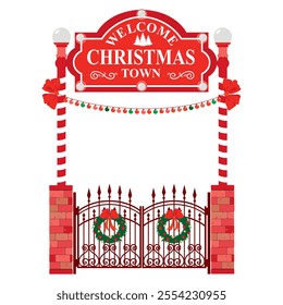 Decorated gate with a sign Welcome to the Christmas town. Christmas entrance gate with brick columns, wrought iron doors and fir wreaths.  Illustrated vector clipart.