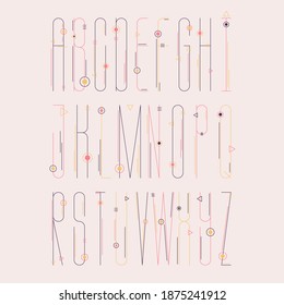 Mit geometrischen Elementen dekoriert, englische Buchstaben abc mit bearbeitbarer Linie. Dünnes und hohes Alphabet, gut für das Schreiben von Logos