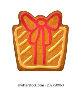 Decorated gift box. Gingerbread cookie. Holiday symbol.  Sweet bakery.