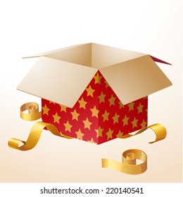 Decorated gift box with golden ribbons. Vector.