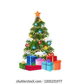 decorated gift box new year christmas tree concept isolated flat vector illustration