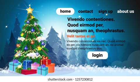 decorated gift box new year christmas tree concept winter forest landscape horizontal copy space flat