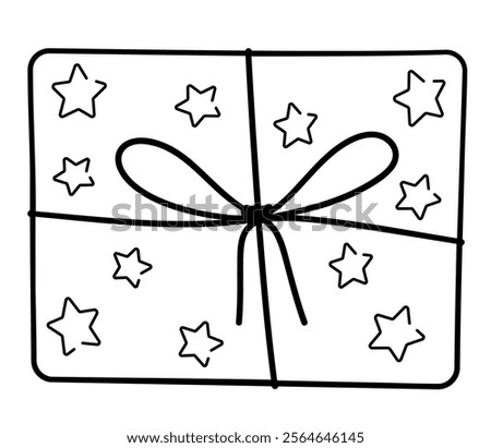 Decorated gift box from top view. Outline vector drawing, isolated on a white background. Holiday, present, birthday, party.