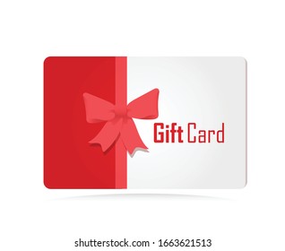 Decorated gift card with red ribbons and bow. Vector icon isolated on white.