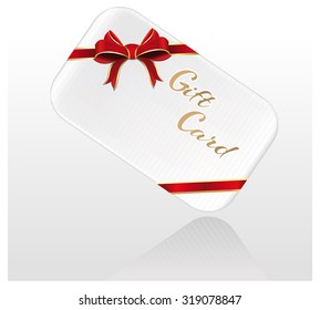 Decorated gift card with red ribbons and bow. Vector illustration.