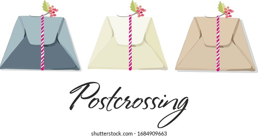 Un regalo decorado en forma de sobre con un listón rojo y una pizarra de bayas. Colección de cajas para un cumpleaños, Navidad u otras fiestas. Aislado sobre un fondo blanco.Dibujo vectorial.