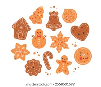 Decorated Gingerbread Cookies collection. Holiday pastry, cookies. Vector illustration in flat style