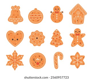 Decorated Gingerbread Cookies collection. Holiday pastry, cookies. Vector illustration in flat style