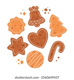 Decorated Gingerbread Cookies. Holiday pastry, sweet cookies. Vector illustration in flat style