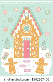 Decorated gingerbread house, gingerbread men, gingerbread cookies on a mint background with snow and Christmas trees. Pastel colors. Great for holiday card, gift wrap, and stationary. Vector file.