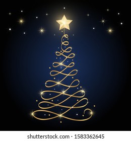 Decorated Golden Christmas tree vector with stars. Illustration night  background