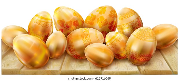 Decorated golden easter eggs on a wooden background. Vector illustration