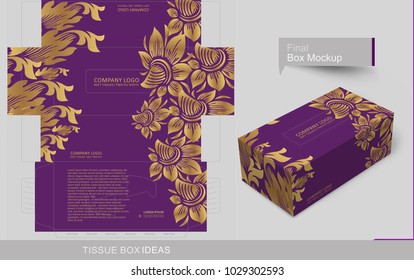 Decorated golden floral on tissue box. Tissue box template concept, template for Business Purpose, Place your text and logos and ready to go for print.