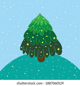 Decorated green Christmas tree with bright yellow stars on a blue background. Vector illustration in flat style.