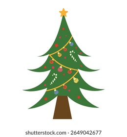 Decorated green Christmas tree vector illustration featuring a star topper, string lights, baubles, and candy canes, representing festive holiday cheer, winter celebrations, and seasonal elements