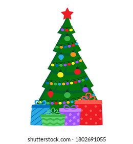 Decorated green fir tree with gifts. Christmas and New Years holiday. Vector illustration