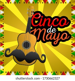 Decorated guitar with a mustache. Cinco de mayo template - Vector illustration