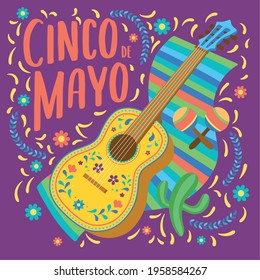 Decorated guitar with a poncho. Cinco de mayo poster - Vector