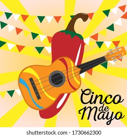 Decorated guitar and red chili pepper. Cinco de mayo template - Vector illustration