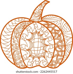 Decorated Halloween pumpkin with a contour pattern in an ethnic style on transparent background 