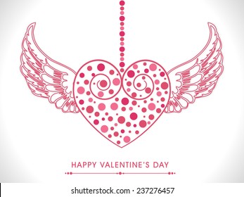 Decorated hanging pink heart with wings for Happy Valentine's Day celebration.