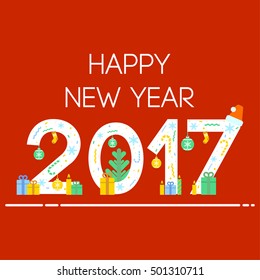 Decorated Happy New Year 2017 greeting on red background vector icon.