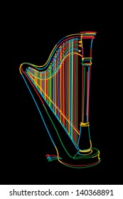 Decorated harp sketch in colors over black