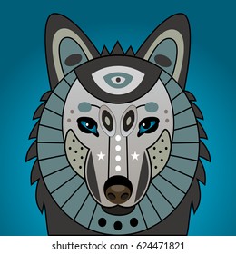 Decorated head of wolf. Print on t-shirt mythical totem animal, mascot, tattoo. Vector illustration