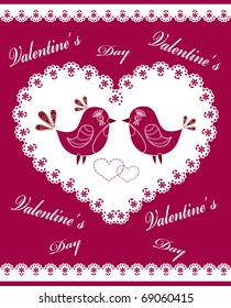The decorated heart with birds and flowers. Vector illustration.