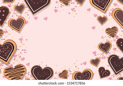 Decorated heart shaped cookies with glaze on pink  background, top view. Valentine's day    