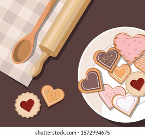 Decorated heart shaped cookies with glaze, top view. Valentine's day. Vector