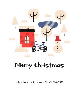 Decorated house with a car. Winter landscape. Illustration for a postcard for 2021 new year and christmas. Building with lanterns. Holiday and celebration,winter architecture. Scandinavian style