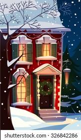 Decorated house facade. Christmas greeting card \ background \ poster. Vector illustration.