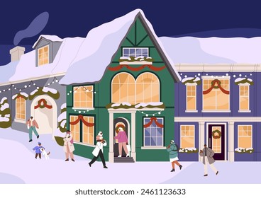 Decorated houses facades, fronts of shops, stores with garlands. People with kids walking, playing on snow city street. Xmas night in cozy town. Evening winter cityscape. Flat vector illustration
