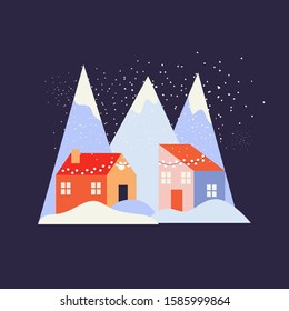 Decorated houses and mountains in snow. Falling snowflakes. Cozy houses in mountains flat vector illustration. Christmas and New Year atmosphere