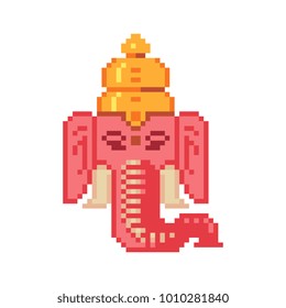 Decorated indian elephant head. Pixel art. Logotype design template. Isolated vector illustration.