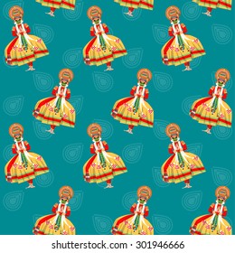 Decorated Indian Kathakali dancer. Happy Onam. Seamless background pattern. Vector illustration 