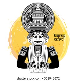 Decorated Indian Kathakali dancer. Happy Onam. Black and white. Vector illustration 