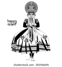 Decorated Indian Kathakali dancer. Happy Onam. Black and white. Vector illustration 