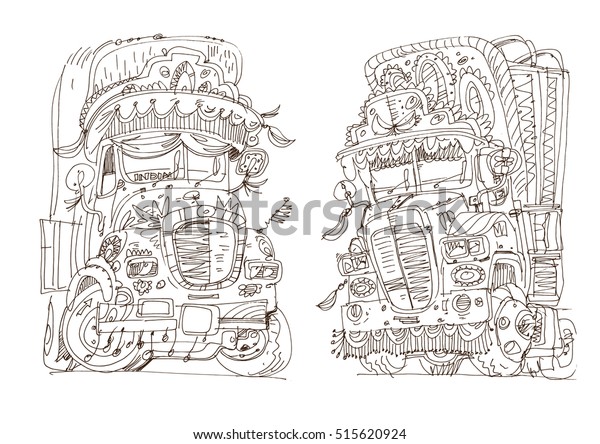 Decorated indian truck painted with\
traditional patterns - coloring book - contour\
lines
