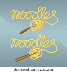 Decorated inscription "Noodles" written with spaghetti, fork and chopstiks