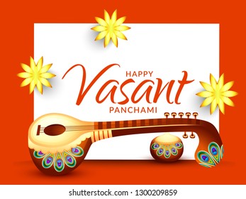 Decorated instrument veena for Happy Vasant Panchami Celebration Background.