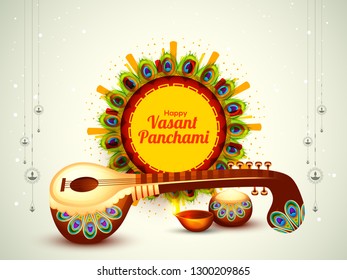 Decorated instrument veena for Happy Vasant Panchami Celebration Background.