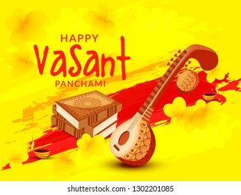Decorated instrument veena for Happy Vasant Panchami Celebration Background.