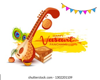 Decorated instrument veena for Happy Vasant Panchami Celebration Background.