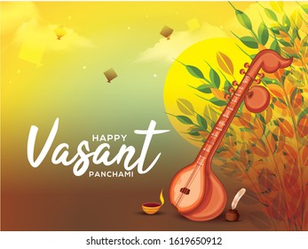 Decorated instrument veena for Happy Vasant Panchami Celebration Background.