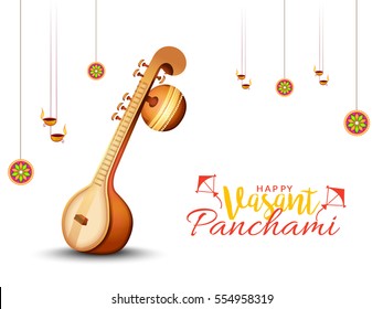 Decorated instrument veena for Happy Vasant Panchami Celebration Background.