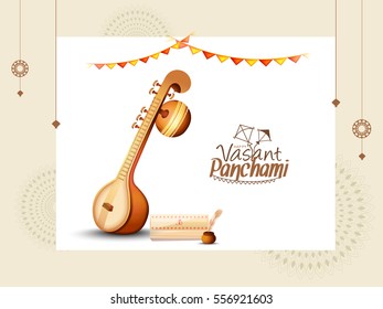 Decorated instrument veena for Happy Vasant Panchami Celebration Background.